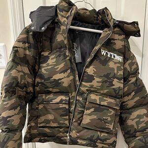 Green and Brown Camouflage Puffer Jacket with Hood